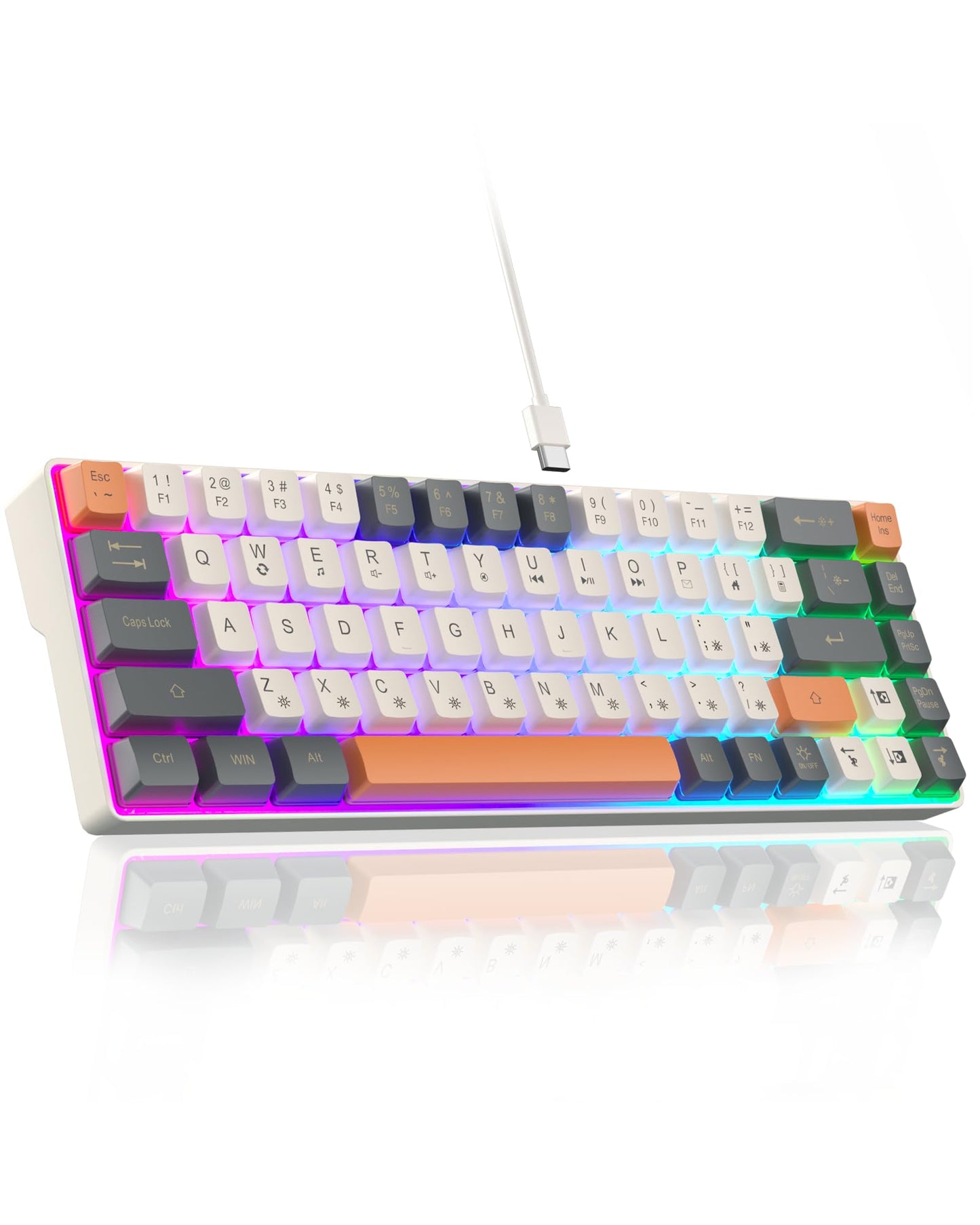 CORBOBO 60 Percent Keyboard RGB Backlit Gaming Keyboard USB-C Wired Portable 68 Keys Compact Mini Keyboards for Business Trips Office PC Games (SK968 Grey&Orange)