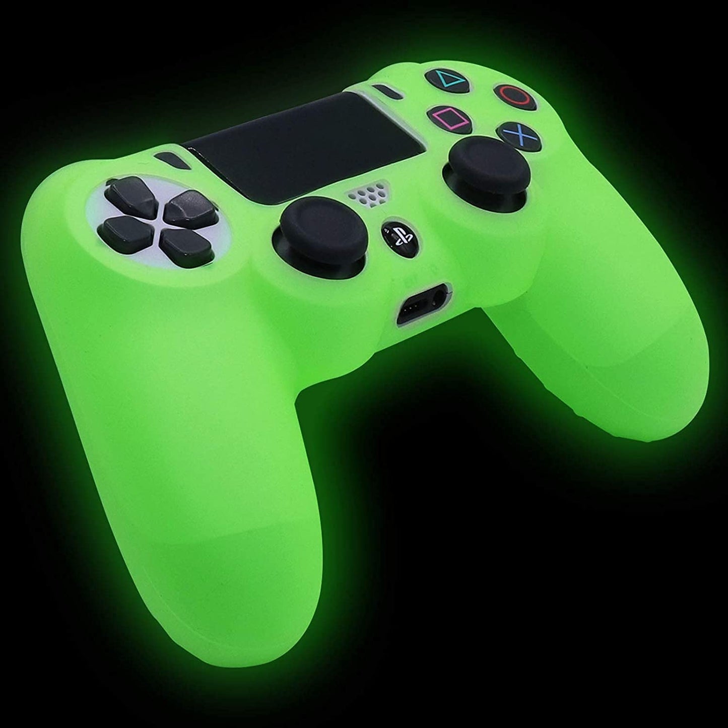 HLRAO Glow Green Anti-Slip Silicone Cover for PS4 Controller, Includes 8 Thumb Grips and 2 Glow Caps, Model SM-944