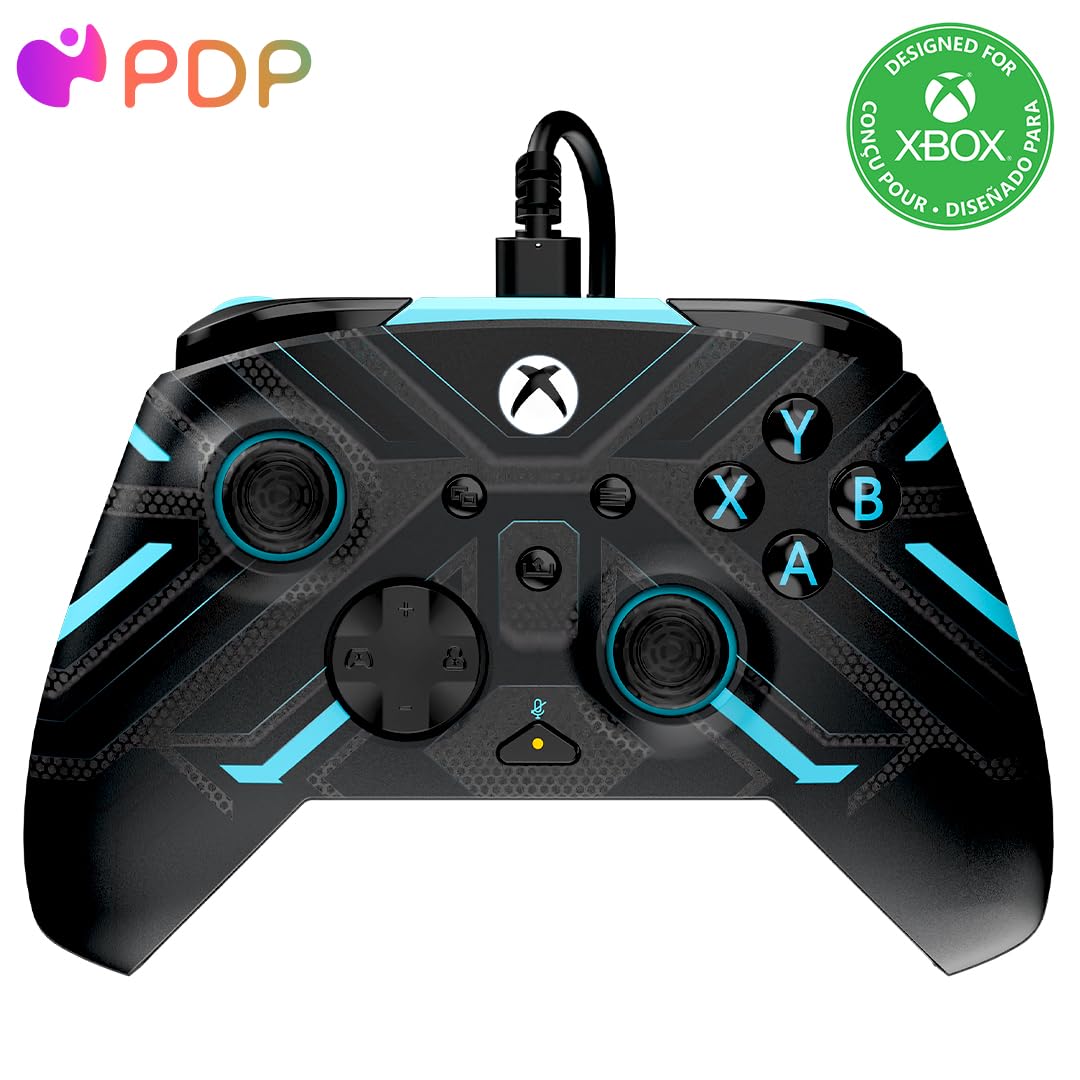 PDP Gaming REMATCH GLOW Enhanced Wired Controller: Licensed Gamepad for Xbox Series X|S Xbox One Windows PC Mappable Back Buttons Advanced Customizable App - Titan Steel (Blue Glow in the Dark)