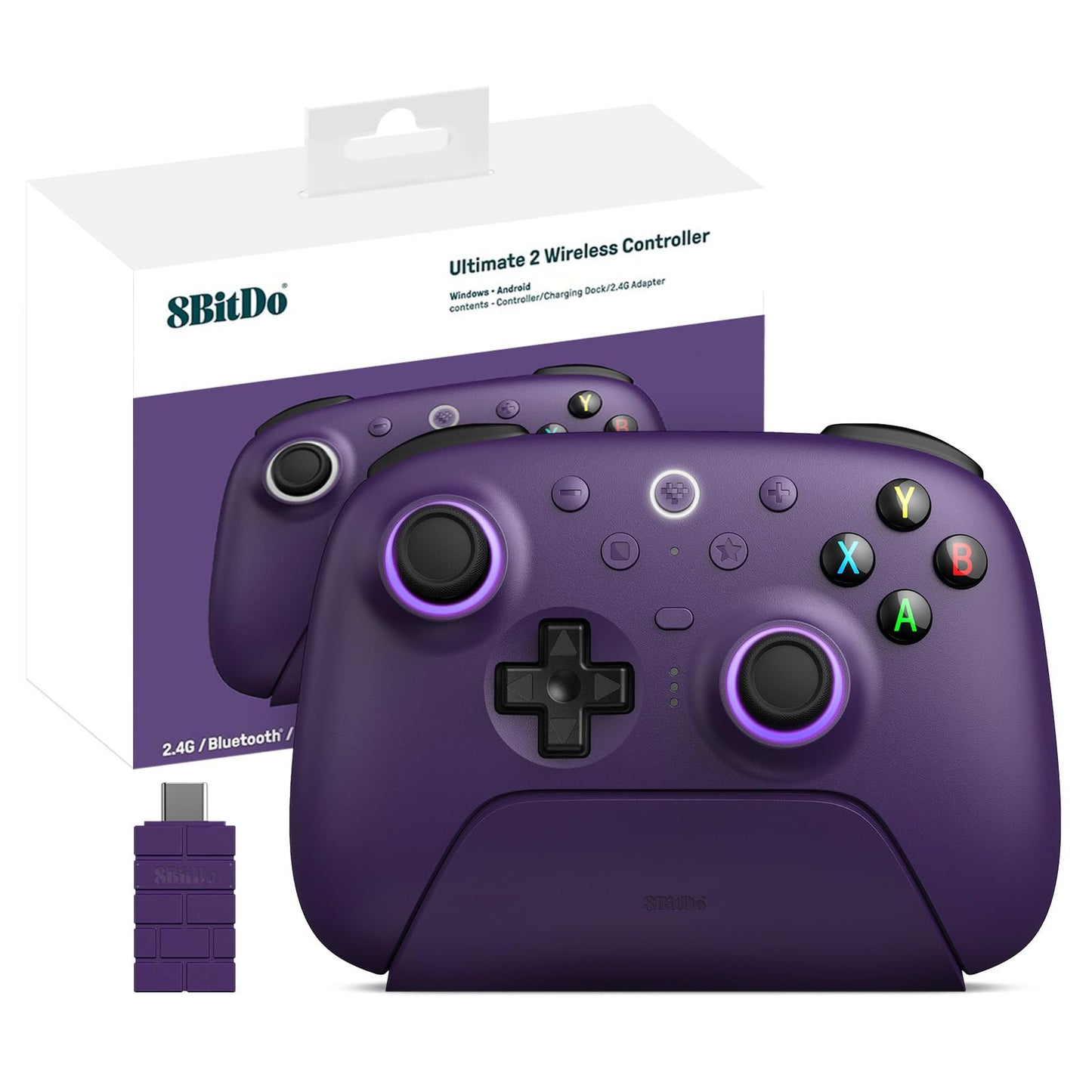 8Bitdo Ultimate 2 Wireless 2.4G Controller (TMR Joystick Update) Star-Ring RGB Lights Adjustable Trigger Locks Gamepad with Charging Dock for Windows PC Android (Purple)