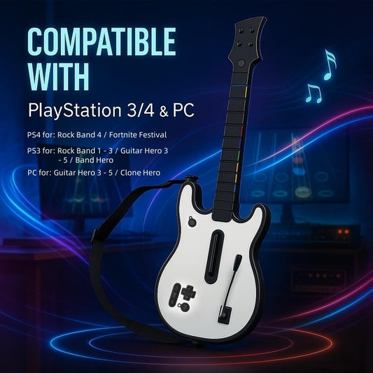 Lyvix Wireless Gaming Guitar Controller for PS4, PS3 & PC - Compatible with Guitar Hero, Rock Band, Fortnite - White Fire Color