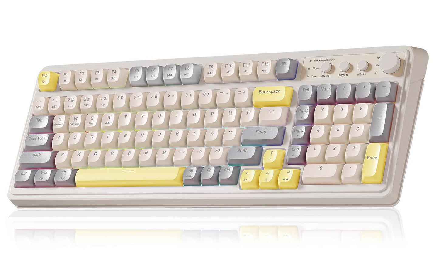 AULA S99 Gaming Keyboard, Ergonomic Computer Keyboards, Wireless Creamy Keyboard Full Size Cute Backlit Media Knob Programmable