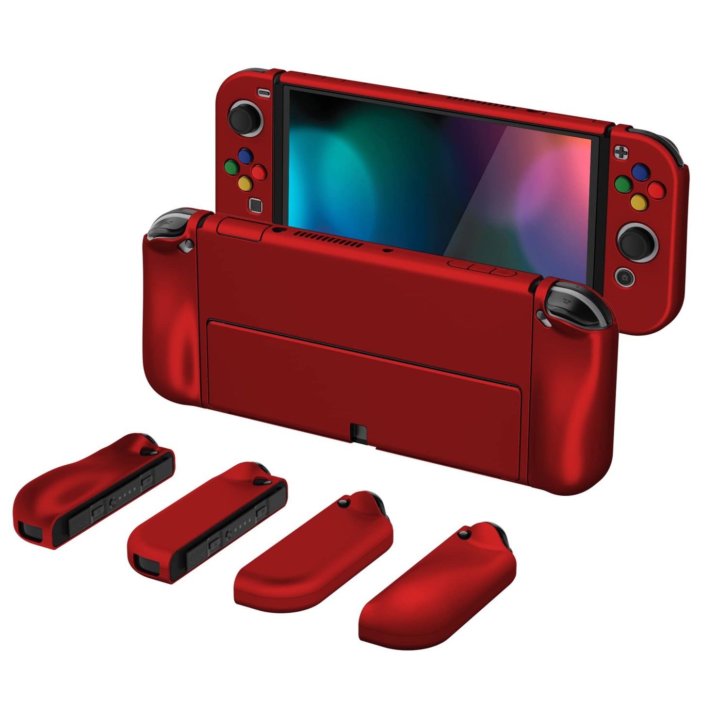 PlayVital AlterGrips Protective Slim Case for Nintendo Switch OLED Ergonomic Grip Cover for Joycon Dockable Hard Shell for Switch OLED w/Thumb Grip Caps & Button Caps - Scarlet Red