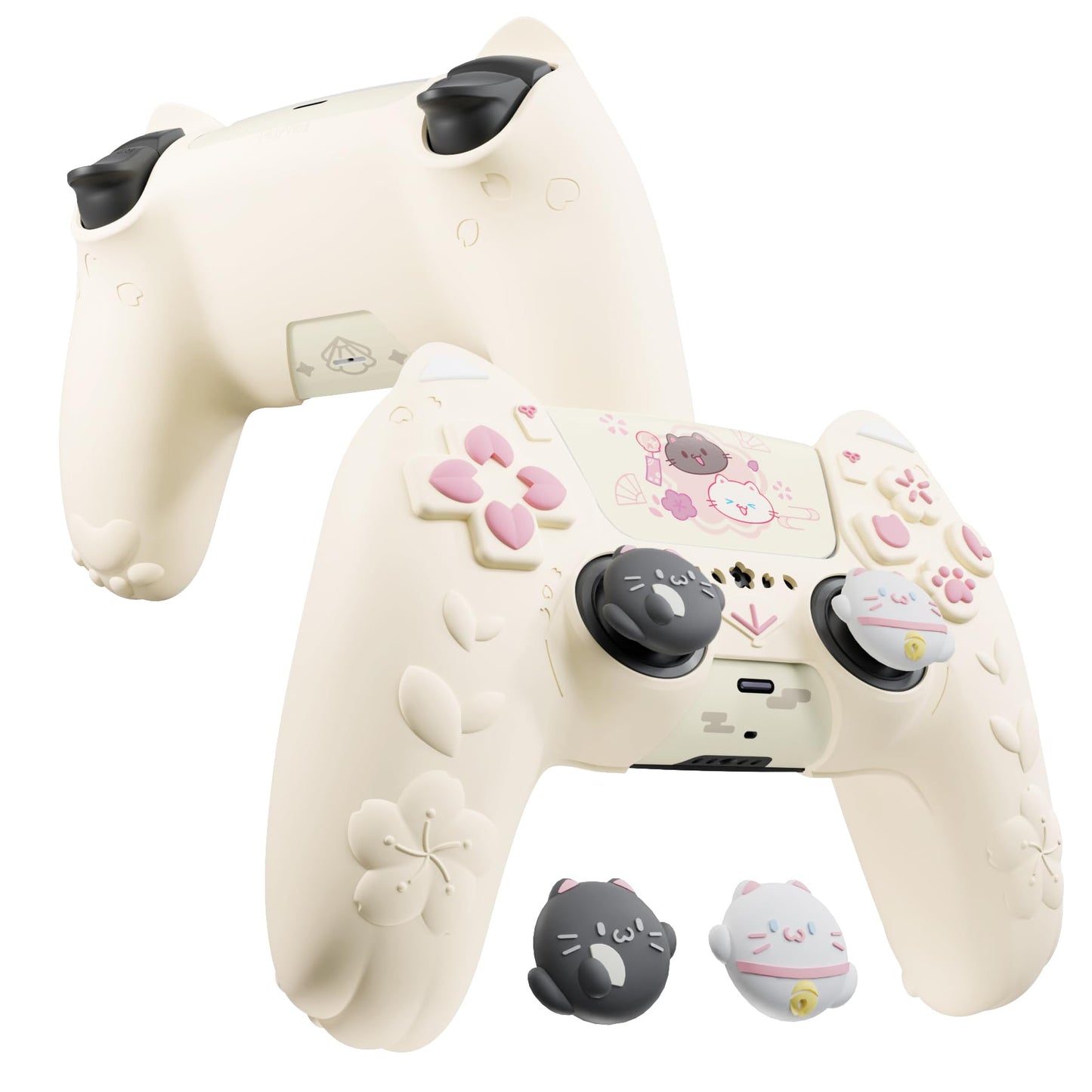 PlayVital for PS5 Controller Cover Skin - Cherry Blossoms Kitten Anti-Slip Grip Skin with Thumb Grip & Sticker - Soft Rubber Pro