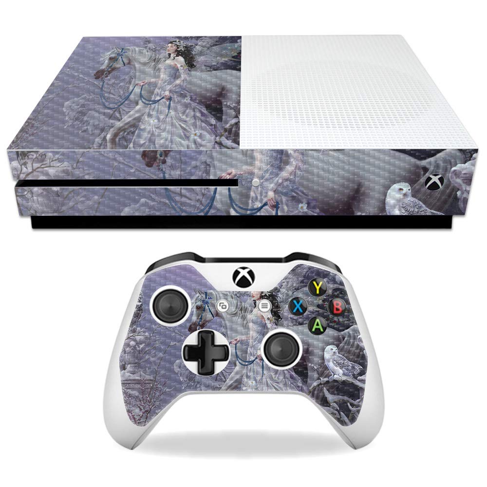 MightySkins Carbon Fiber Skin for Microsoft Xbox One S - Winter Wings | Protective Durable Textured Carbon Fiber Finish | Easy to Apply Remove and Change Styles | Made in The USA