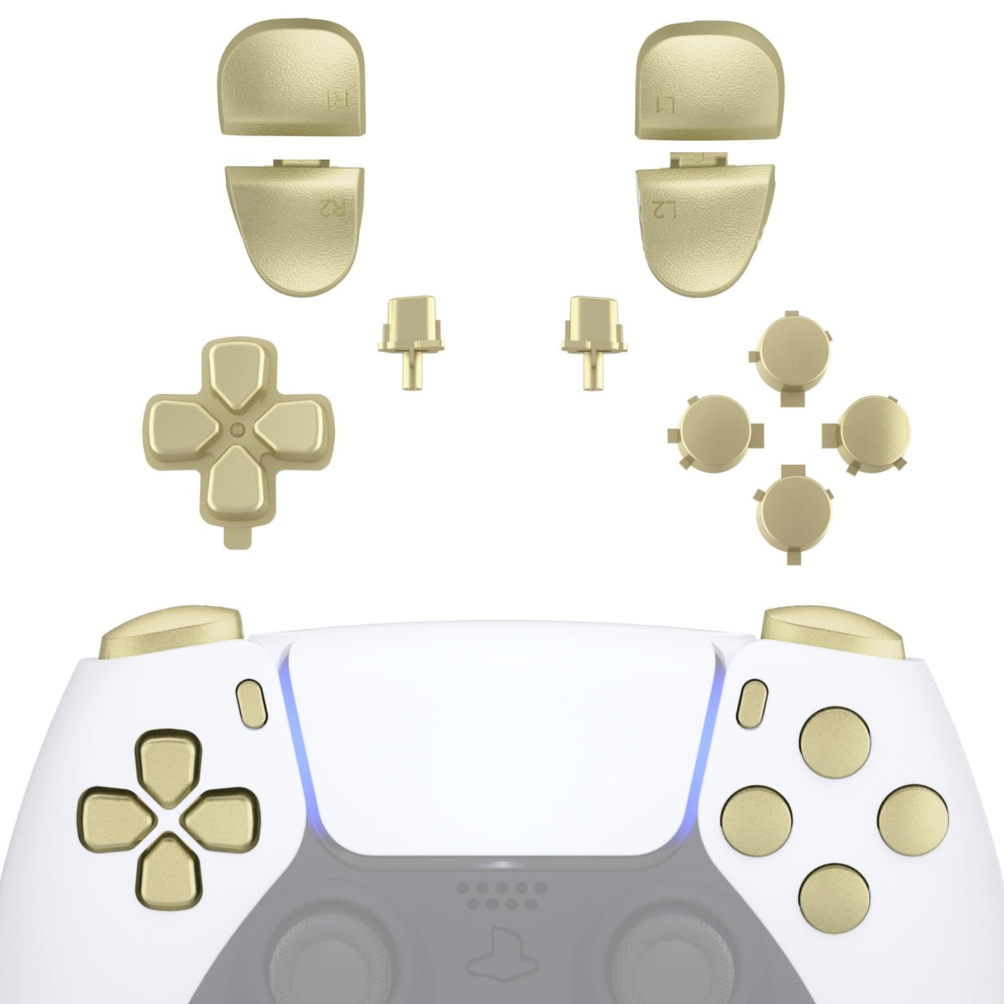 eXtremeRate Replacement D-pad R1 L1 R2 L2 Triggers Share Options Face Buttons Metallic Champagne Gold Full Set Buttons Compatible with ps5 Controller BDM-030 BDM-040 BDM-050 - Controller NOT Included