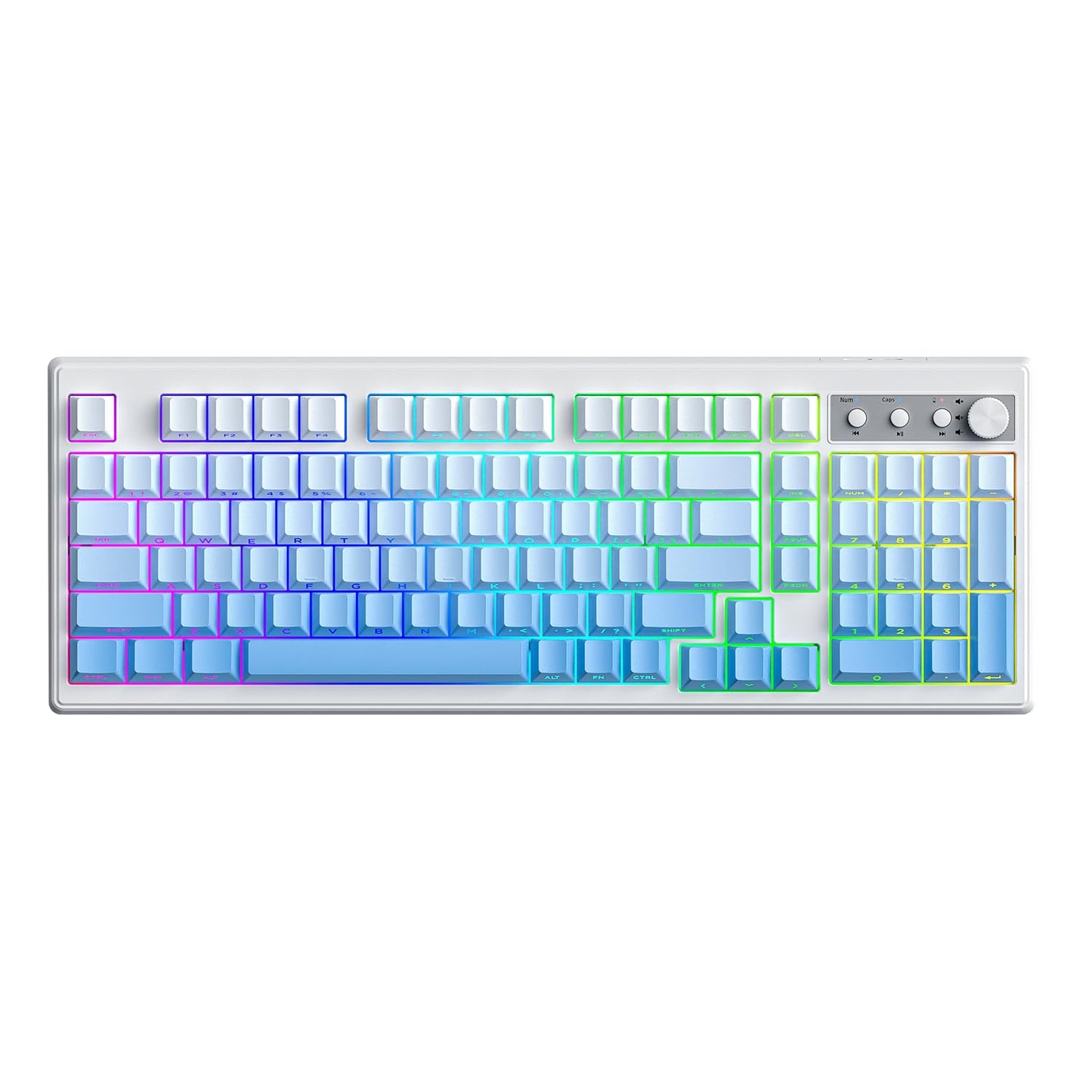 FREEWOLF K100 99 Keys Gaming Membrane Wireless Keyboard with Media Knob Tri-Mode BT/2.4GHz/USB-C Side Printed Keys RGB Backlit Retro Cute Creamy Silent Computer Keyboard for MAC PC- Gradient Blue