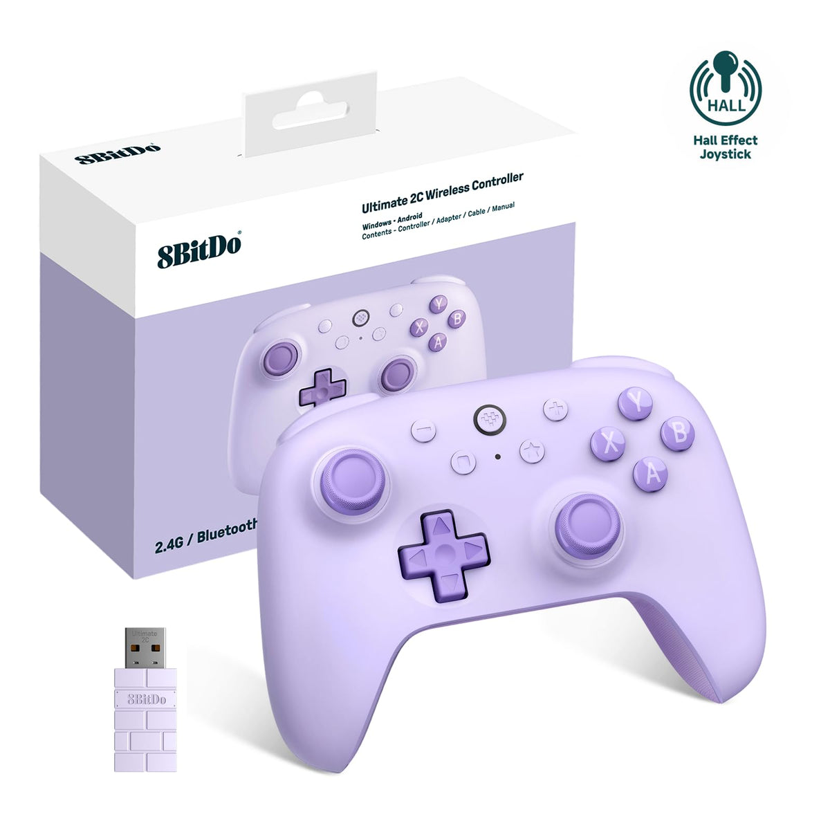 8Bitdo Ultimate 2C Wireless Controller (Hall Effect Joystick Update) for Windows PC and Android with 1000Hz Polling Rate Remappable L4/R4 Bumpers beverageble Vibration and Turbo Function (Purple)