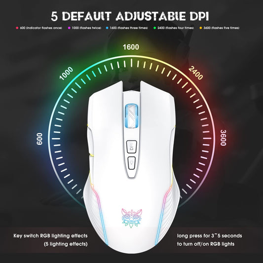 PHNIXGAM Wireless Gaming Mouse - Ergonomic RGB, 3600 DPI, 7 Buttons, White