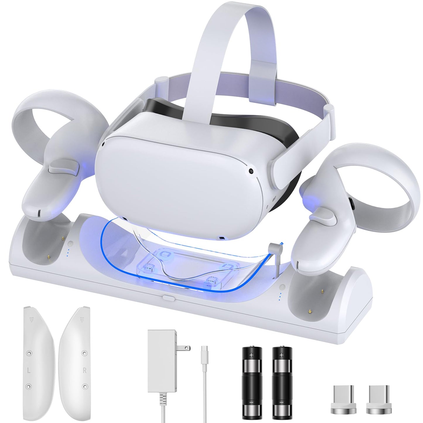VR Charging Dock for Meta Quest 2 TanReginal Magnetic Charging Station for Oculus Quest 2 VR Headset and Controllers with 2 Rechargeable 1800mAh Batteries USB-C Charger and LED Indicators