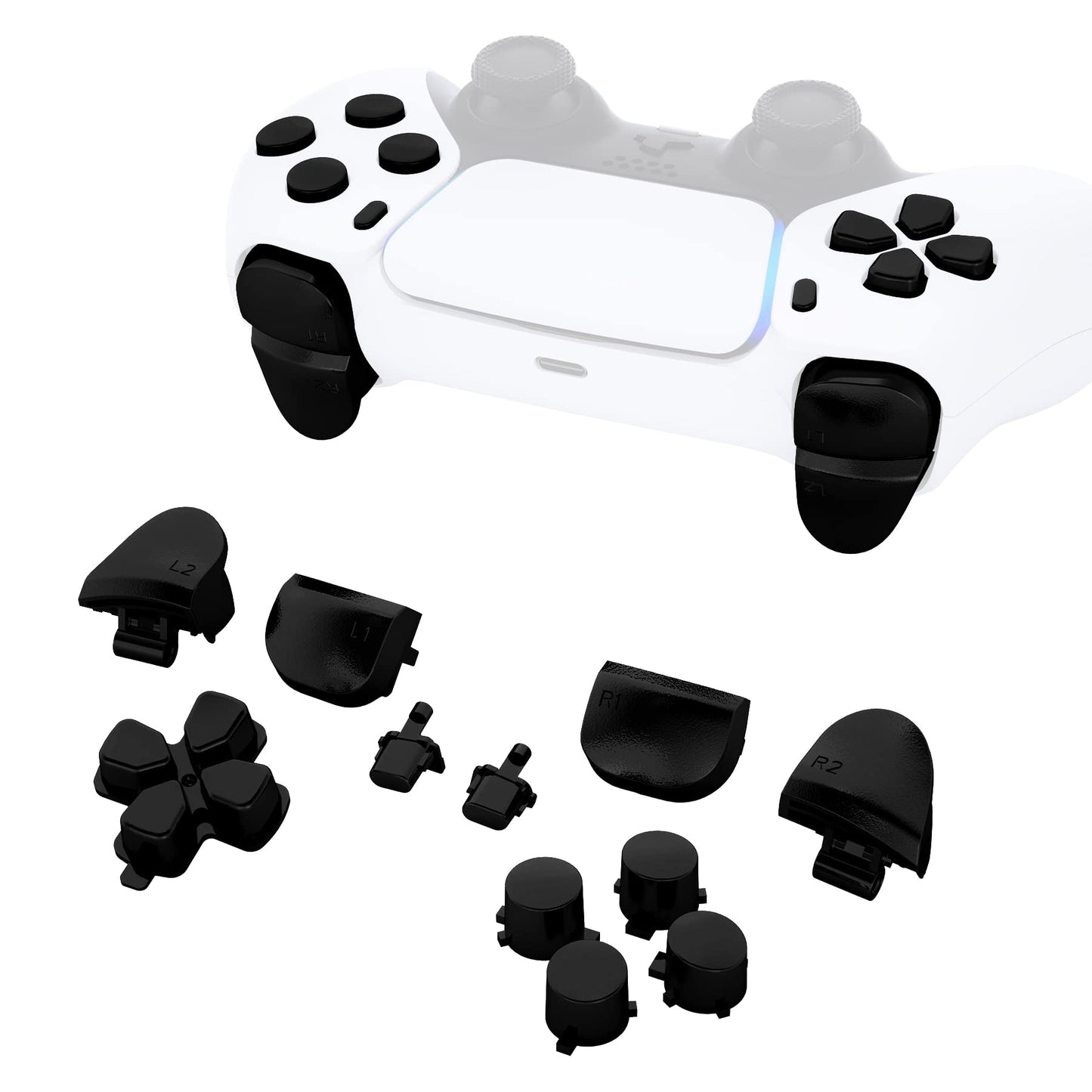 eXtremeRate Replacement D-pad R1 L1 R2 L2 Triggers Share Options Face Buttons Chrome Black Full Set Buttons Compatible with ps5 Controller BDM-010 & BDM-020