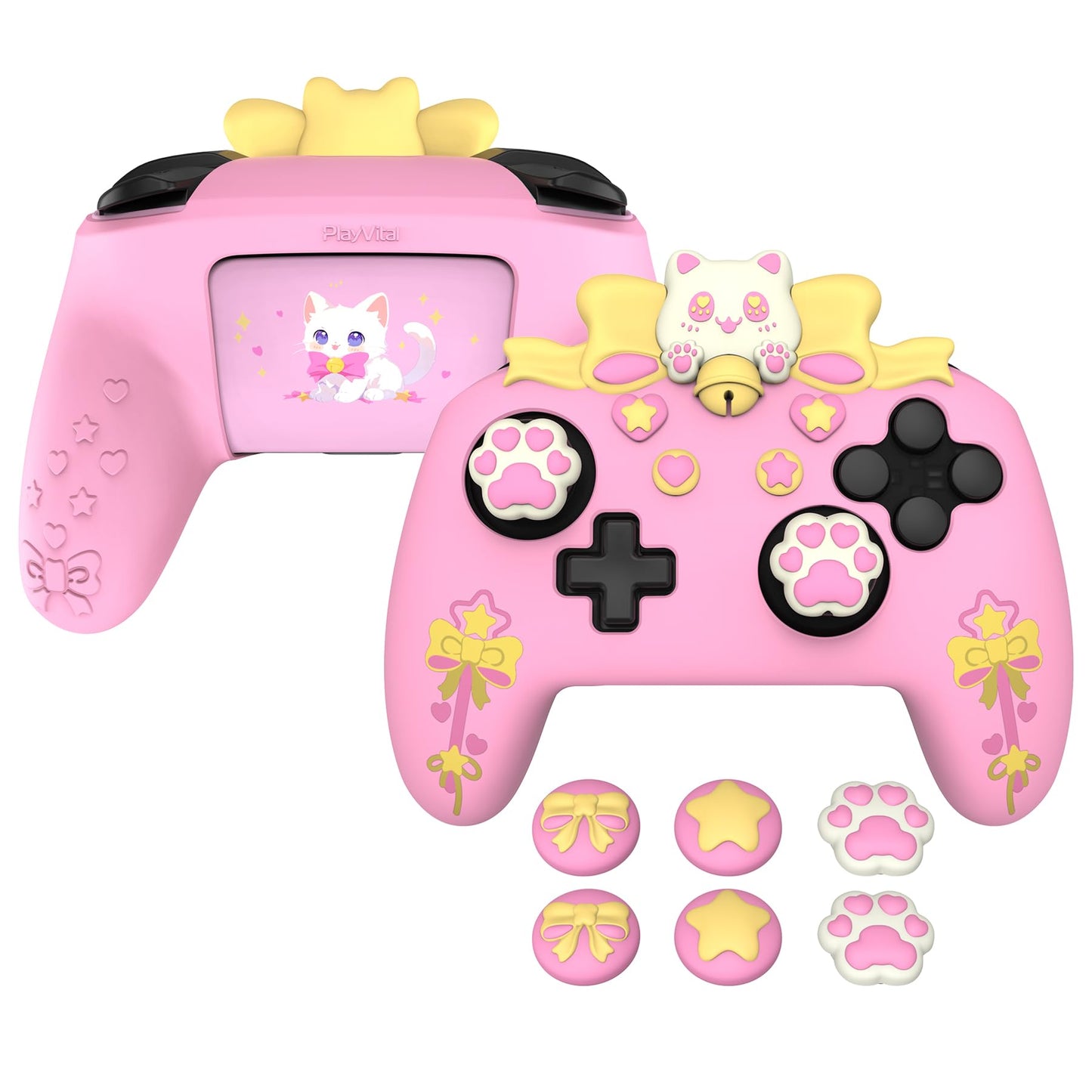 PlayVital Sweetheart Kitty Silicone Skin Compatible with Nintendo Switch Pro Controller Kawaii Anti-Slip Cover Switch Pro Controller Joystick Grips & Protective Silicone Case - Pink