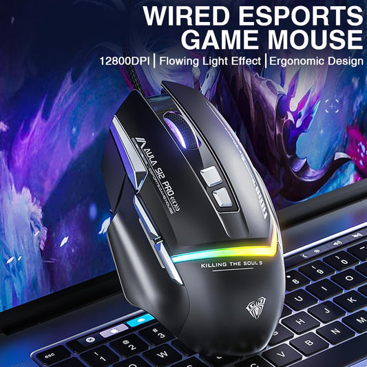 AULA S12Pro Wired Gaming Mouse - 12800 DPI, RGB Backlit, 8 Programmable Buttons, Black