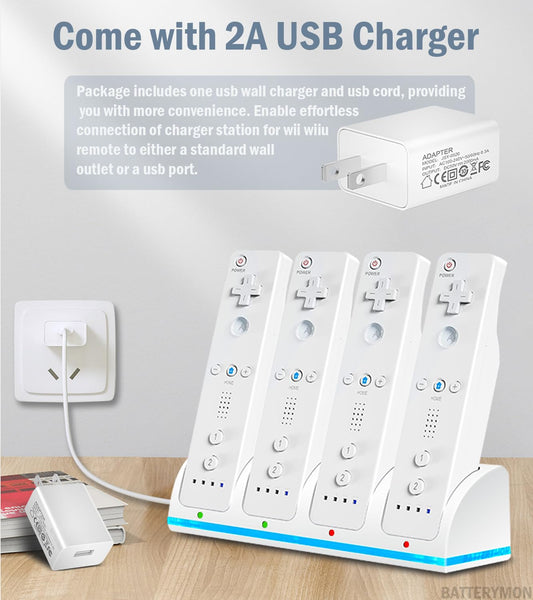 BatteryMon Wii Remote Controller Battery Charger Set, 4-Pack Rechargeable Batteries + Charging Dock with USB Cord, No Controller Included