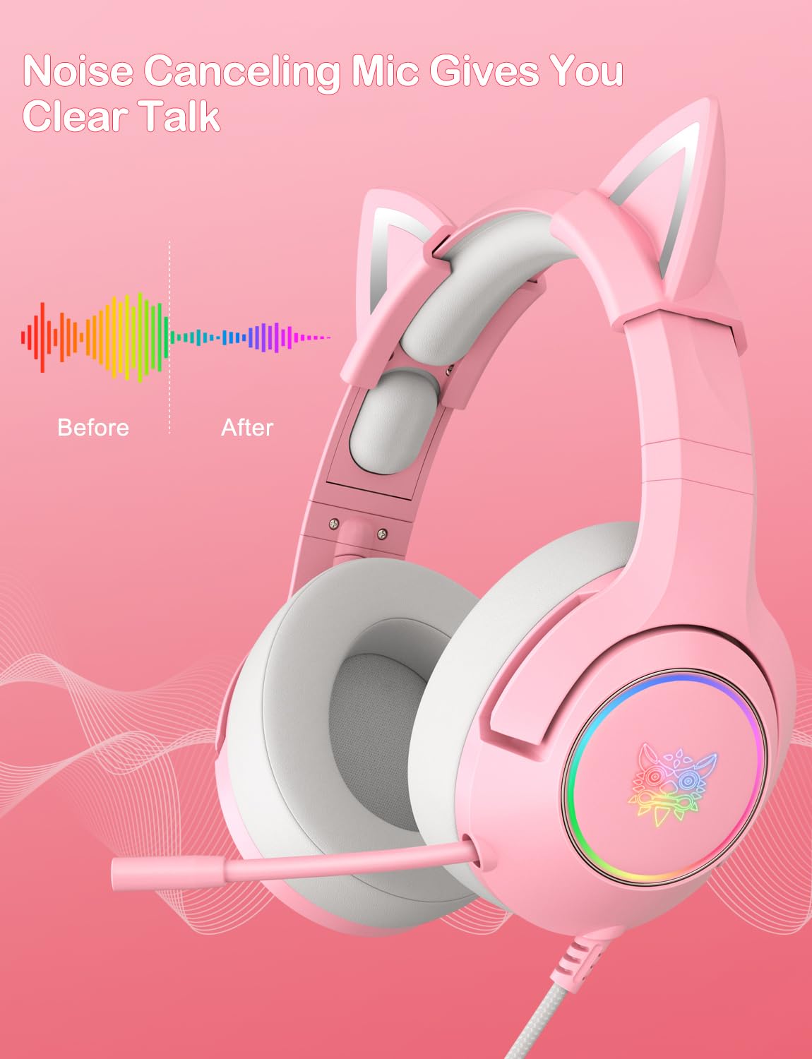 PHNIXGAM Cat Ear Gaming Headset, Wired Over-Ear with Microphone, Surround Sound, LED Light, Light Pink, Model K9