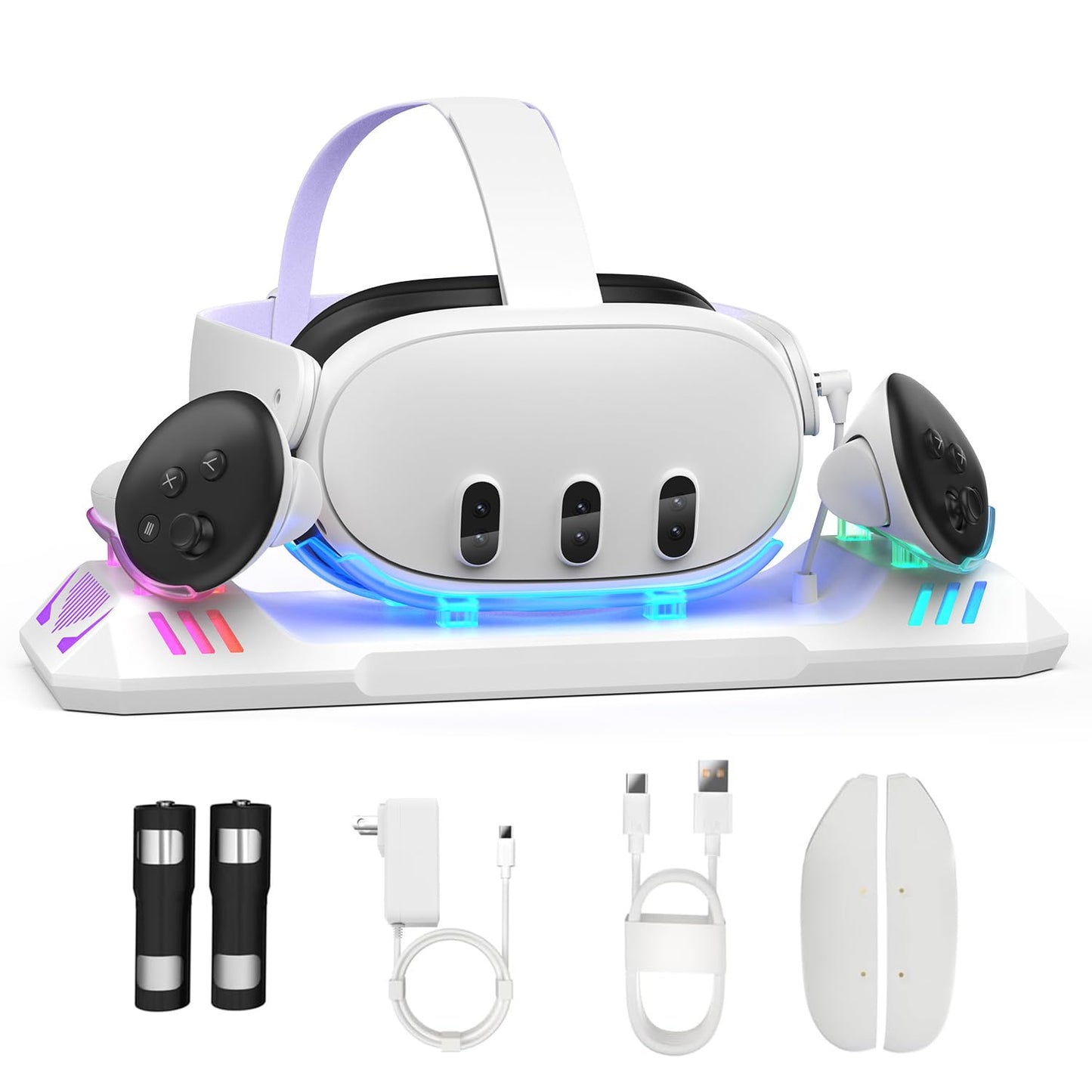 Charging Dock for Meta Quest 3S/Quest 3 Charging Station for Oculus Quest 3 VR Headset & Controllers with 2 Rechargeable 2100mAh Batteries USB-C Charger and Cable Supports LED Indicator