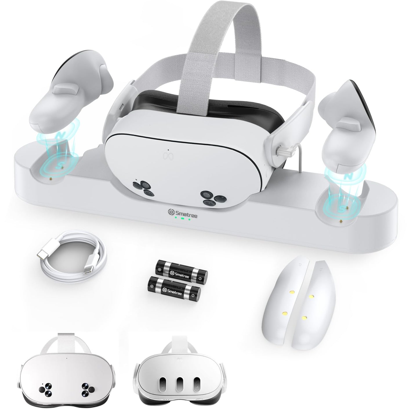 Smatree Charging Dock Compatible for Meta Quest 3S/Quest 3 Charge Controllers and Headset Simultaneously VR Charging Station with LED Light with 2 Rechargeable Controller Batteries(NO Adapter)