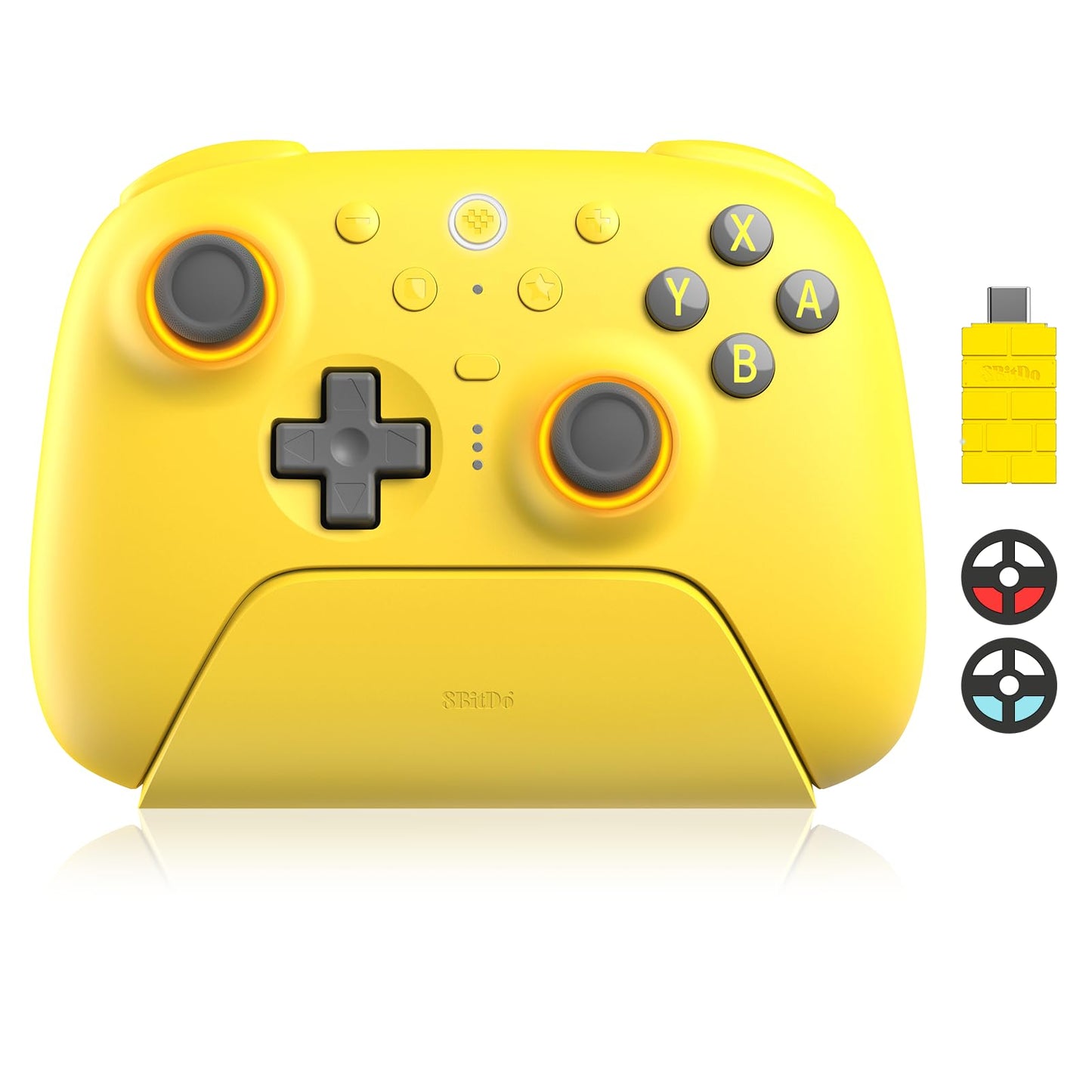 8BitDo Ultimate 2 Bluetooth Controller with TMR Joysticks for Switch Windows PC Gaming Controller with Switchable Hall Effect/Tactile Triggers RGB Fire Ring Charging Dock Vibration and Motion control Yellow