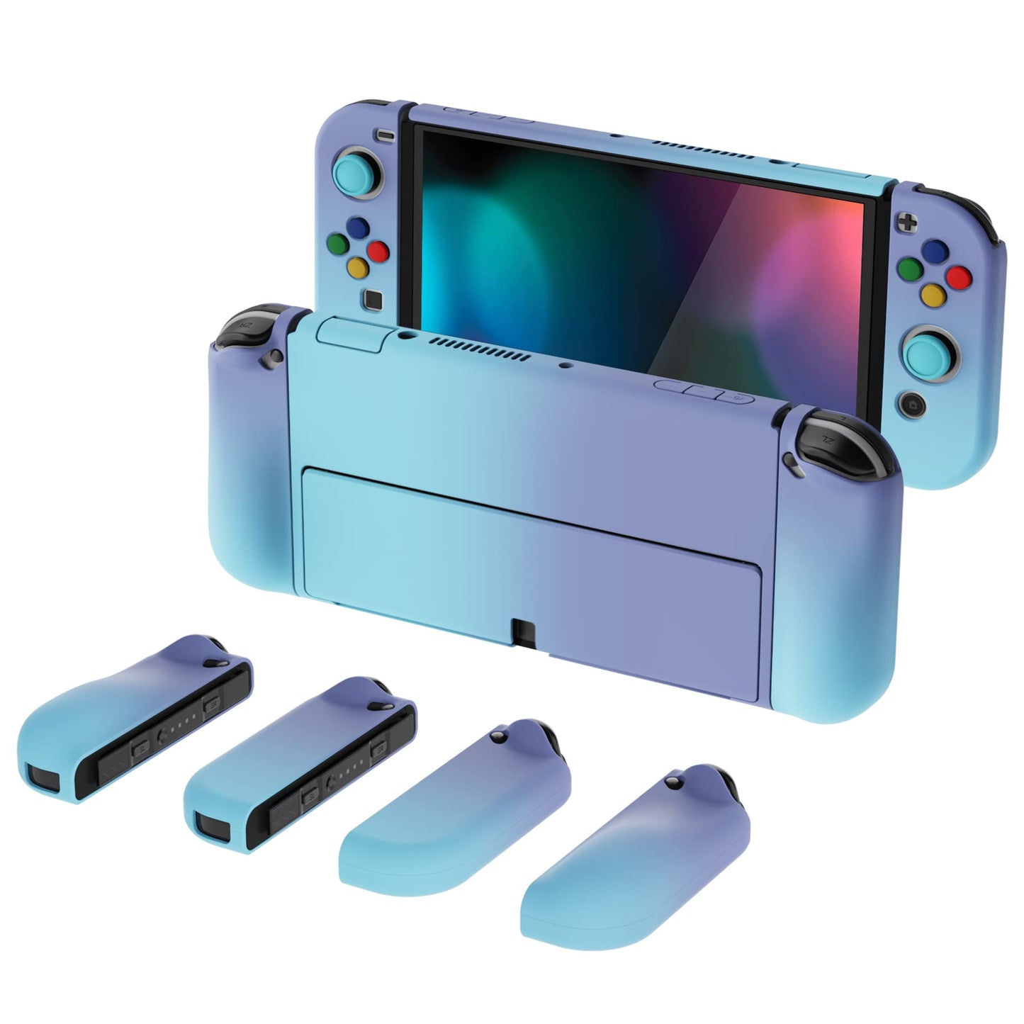 PlayVital AlterGrips Protective Slim Case for Nintendo Switch OLED Ergonomic Grip Cover for Joycon Dockable Hard Shell for Switch OLED w/Thumb Grip Caps & Button Caps - Gradient Violet Blue