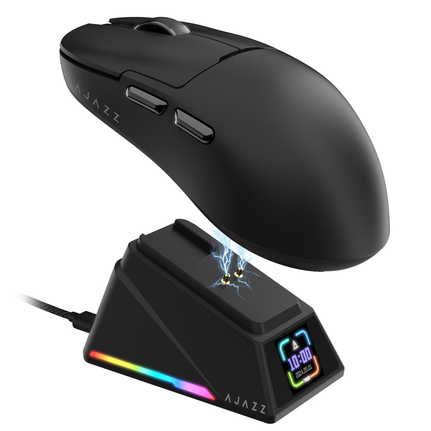 Yindiao AJAZZ AJ159 APEX Wireless Gaming Mouse with Magnetic Charging Base 56g Lightweight BT/2.4G/USB-C Wired Mouse PAW3950APEX 42K DPI Optical Sensor Programmable Buttons for PC/Mac/Win(Black)