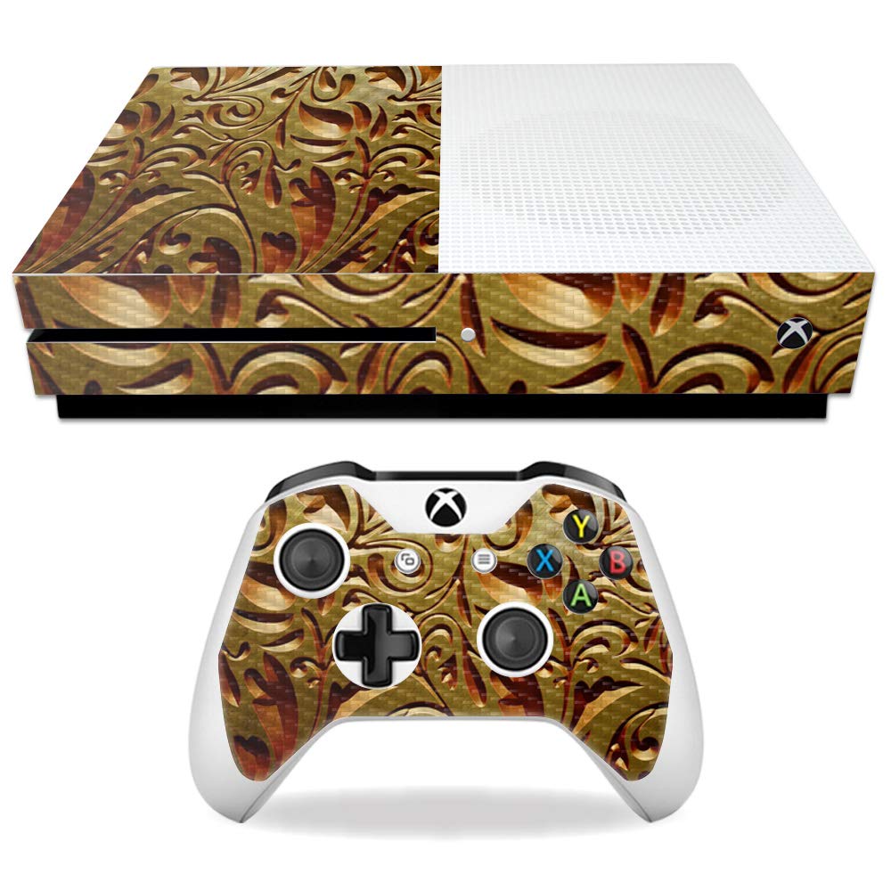MightySkins Carbon Fiber Skin for Microsoft Xbox One S - Mosaic Gold | Protective Durable Textured Carbon Fiber Finish | Easy to Apply Remove and Change Styles | Made in The USA