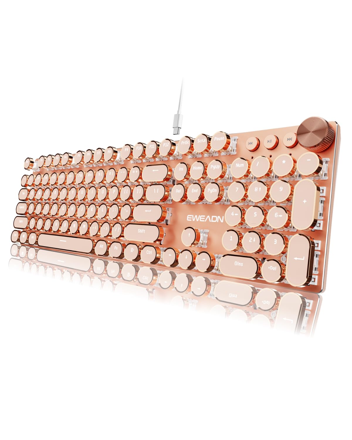 EWEADN Typewriter Style Mechanical Keyboard Wired Typewriter Keyboard 104 Keys Retro Typewriter Keyboards Media Control Knob Wired Computer Keyboard Pink Switch for Windows/Mac/PC-Pink