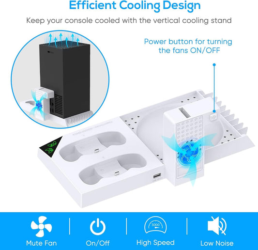 YUANHOT Vertical Cooling Stand for Xbox Series X - Charging Station, Fan Cooling, 1400mAh Battery, White - Model XSX17W
