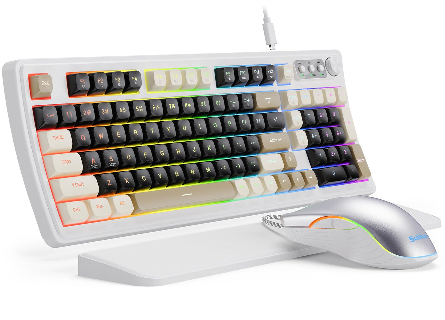 SABLUTE Wired Gaming Keyboard and Mouse RGB Backlit Mechanical Feel PC Gaming Keyboards Multimedia Knob& Anti-Ghosting Ergonomic Premium Leather Wrist Rest for Game (White)