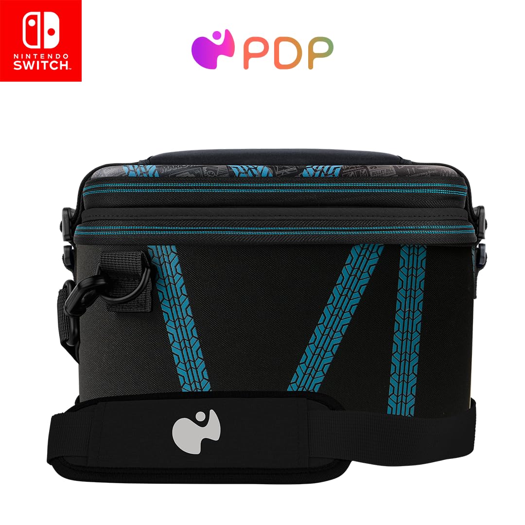 PDP Gaming Overnight Case GLOW 2-in-1 Pull-N-Go Nintendo Switch Tpartyl Storage for Console and Accessories Removable Interchangeable Compartments: Mario Kart Drift (Black/Blue)