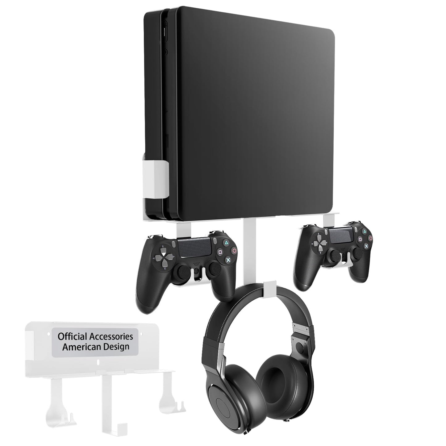Wall Mount Kit with Detachable 2 Controller Holder & Headphone Hanger Metal Wall Mount Stand Compatible with PlayStation 4 Slim