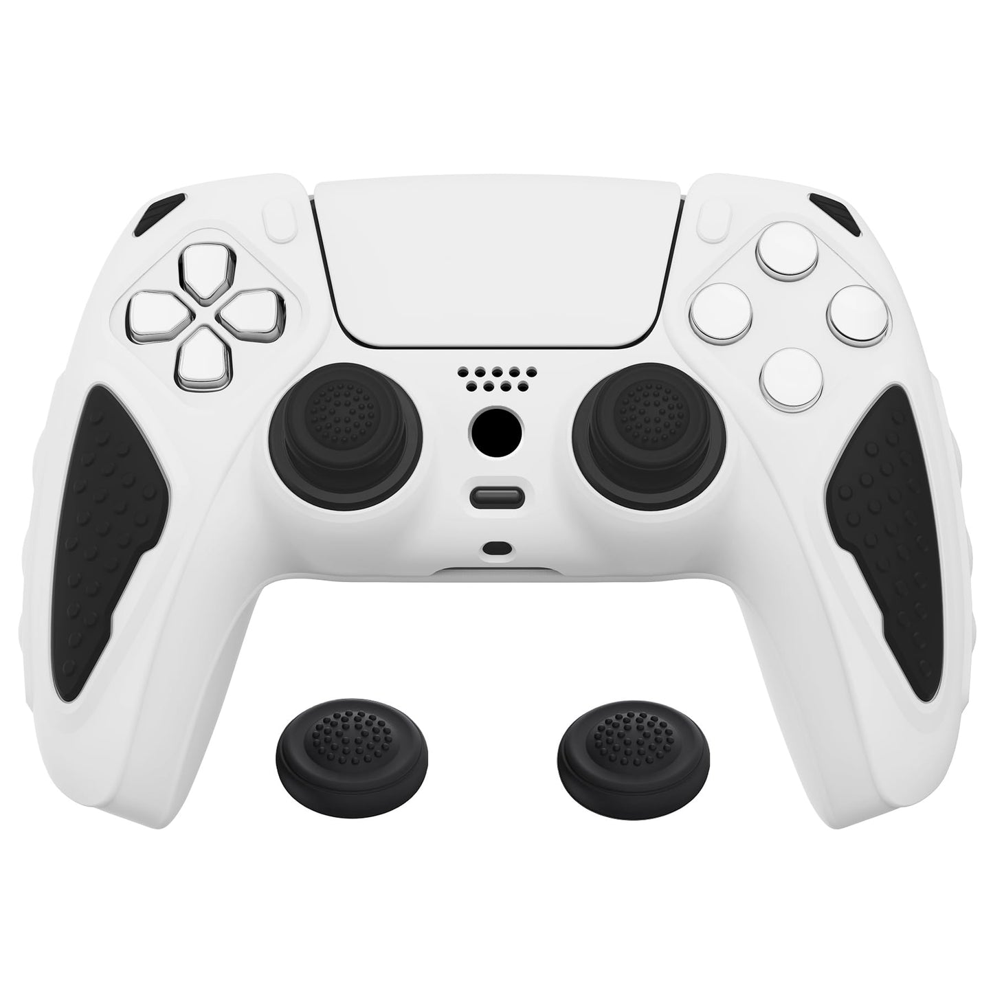 PlayVital Knight Edition White & Black Two Tone Anti-Slip Silicone Cover Skin for ps5 Controller Soft Rubber Case for ps5 Wireless Controller with Thumb Grip Caps