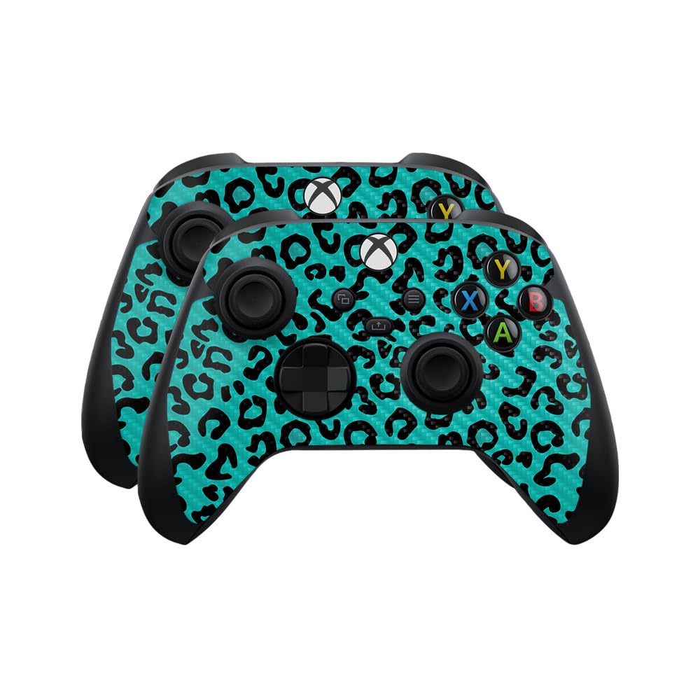 Carbon Fiber Skin Compatible with Microsoft Xbox Series X|S Controller (2 Pack) - Teal Leopard - Premium 3M Vinyl Protective Wrap Decal Cover - Easy to Apply | Crafted in The USA by MightySkins