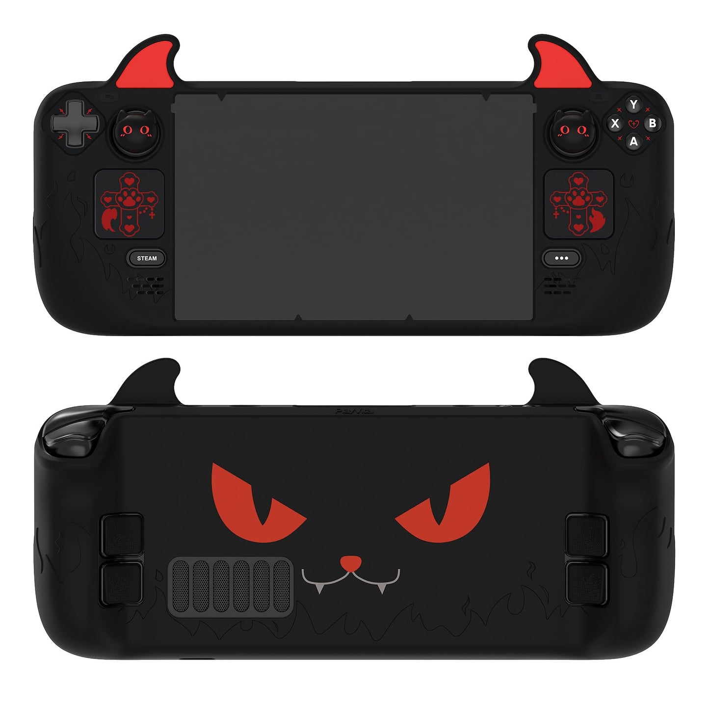 PlayVital Cute Demon Protective Case for Steam Deck LCD & OLED Kawaii Anti-Slip Protector for Steam Deck OLED with Thumb Grip Caps & Trackpads Stickers & Back Button Enhancement Set - Black