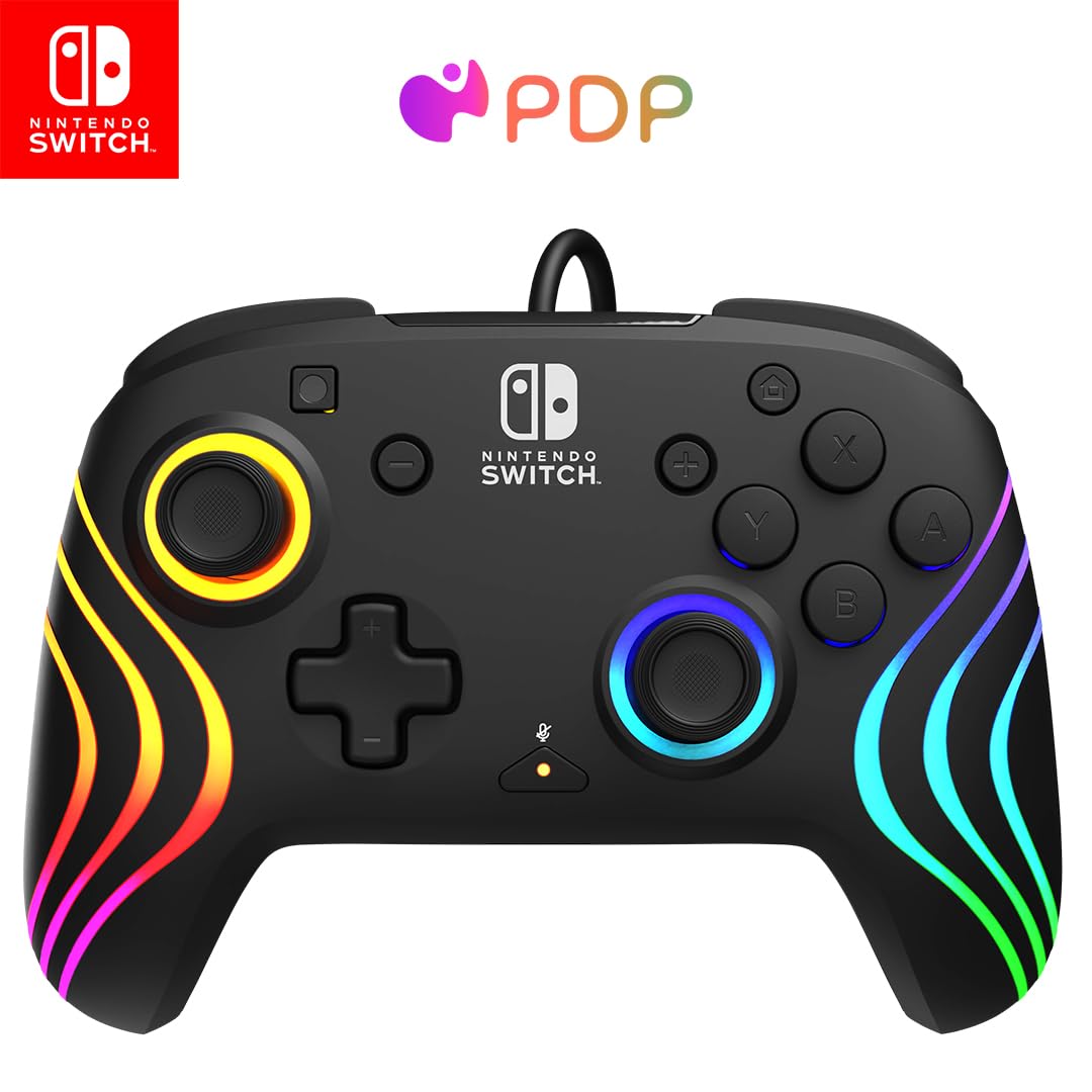 PDP Afterglow Wave Enhanced Wired Nintendo Switch Pro Controller 8 Colors RGB LED Dual Programmable Gaming Buttons Volume Control 3.5mm headphone jack Officially Licensed by Nintendo Black