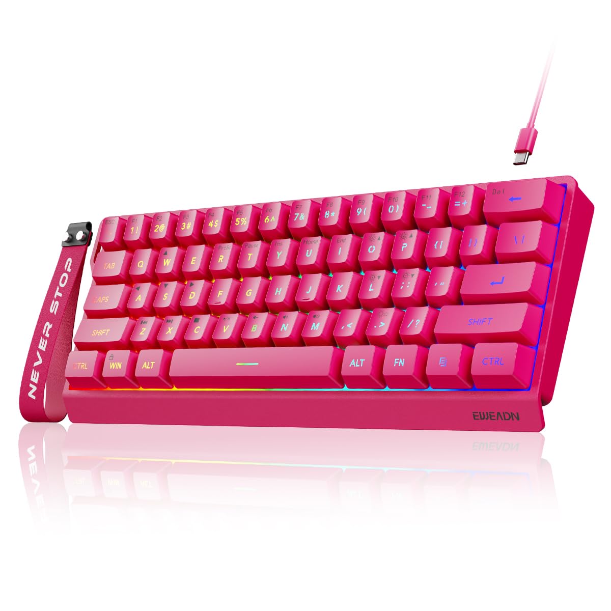 SEUNKWANG F61 60% Gaming Keyboard Wired RGB Backlit Membrane Keyboard with PBT Keycaps Compact Design Lanyard Wired Keyboard for Mac/Win (Red Wired)