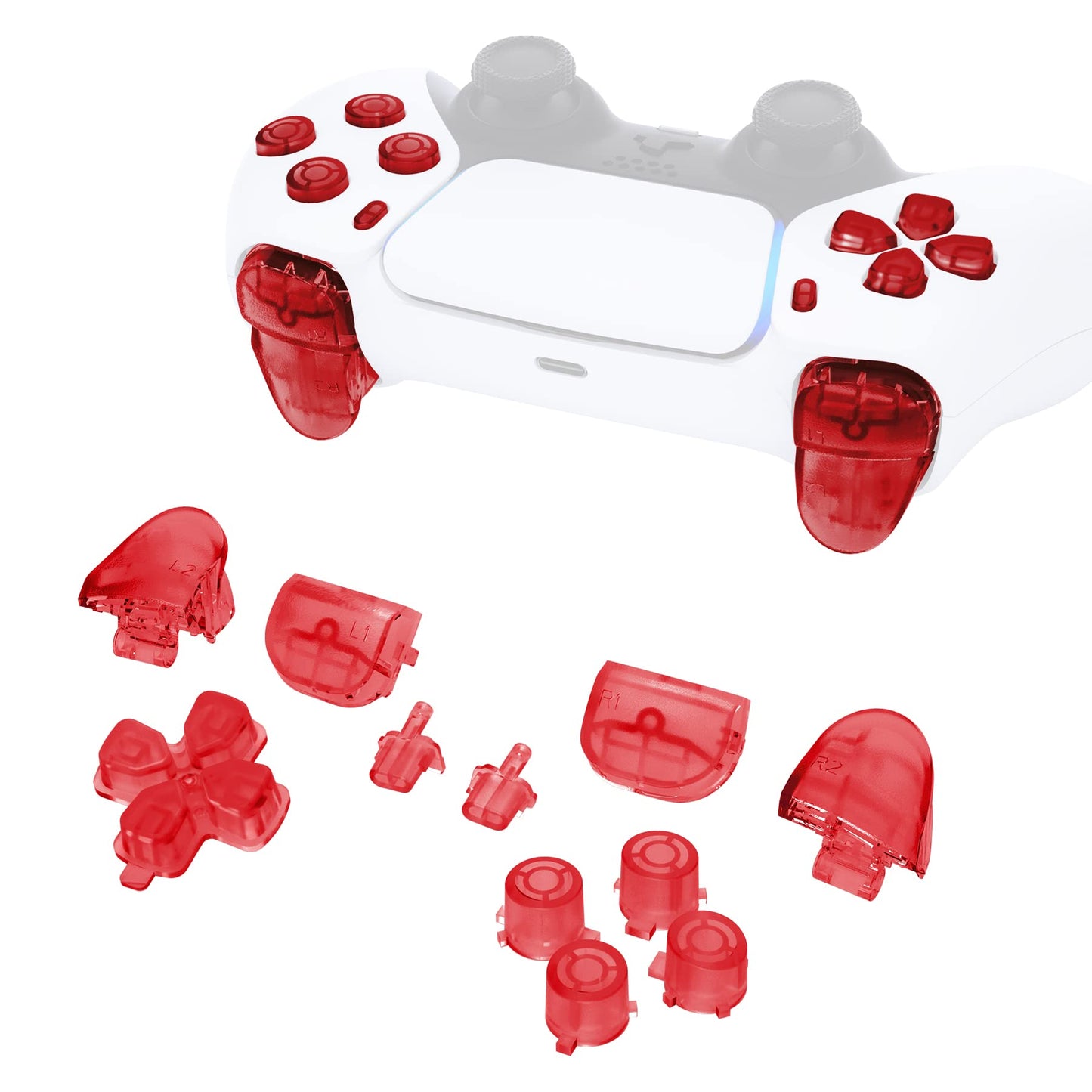 eXtremeRate Replacement D-pad R1 L1 R2 L2 Triggers Share Options Face Buttons Clear Red Full Set Buttons Compatible with ps5 Controller BDM-010 & BDM-020