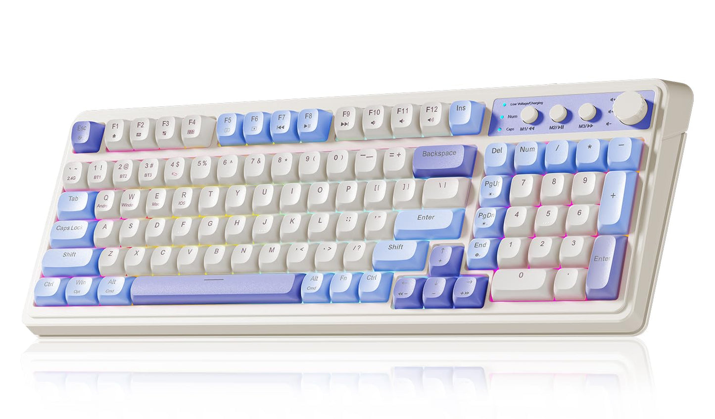 AULA 99 Key Keyboard Tri-Mode Bluetooth/2.4GHz/USB-C Cute Creamy Gaming Keyboard with Number Pad RGB Backlit Media Knob Custom Mechanical Feel Computer Keyboards for MAC Xbox PC Gamer - Purple