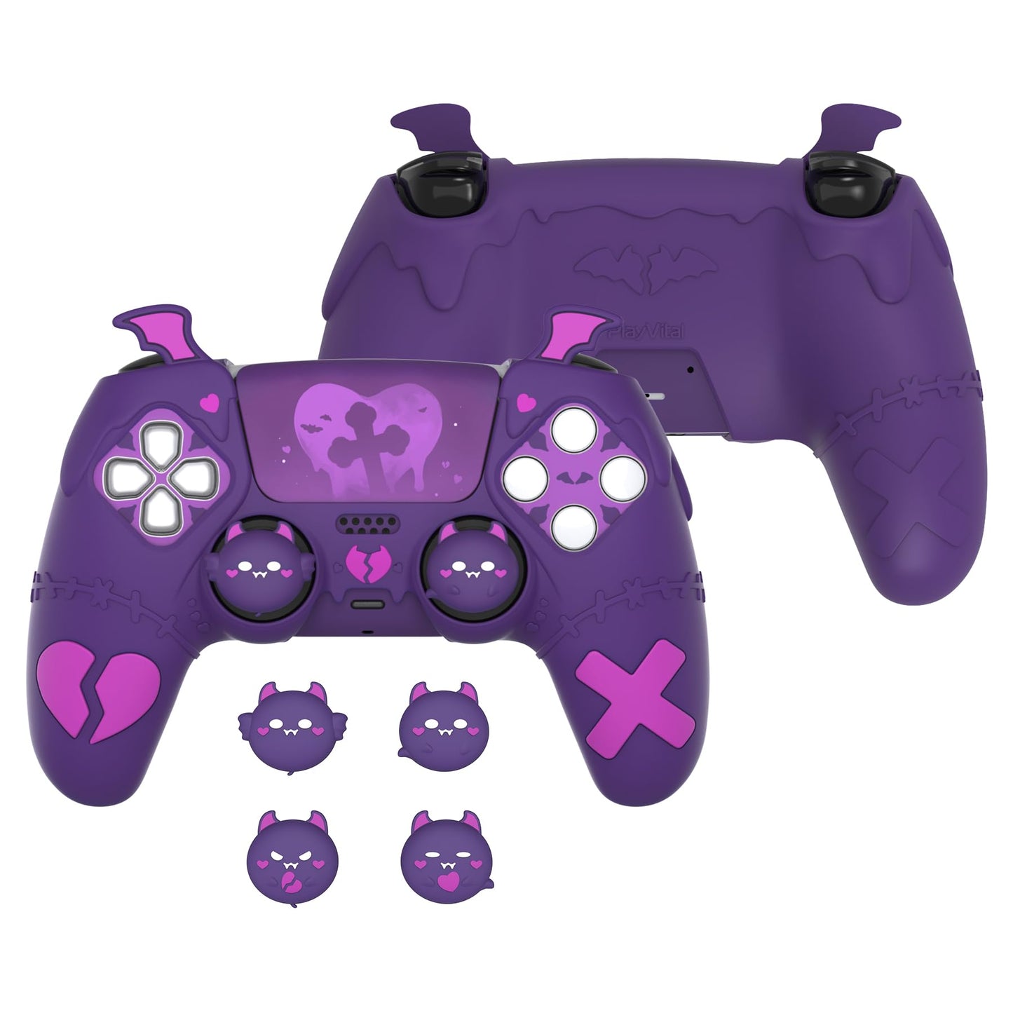PlayVital Gothic Imp Series Cute Silicone Case for ps5 Controller with 4 Thumb Grips and 6 Stickers Anti-Slip Silicone Skin Cover Compatible with ps5 Charging Station Purple