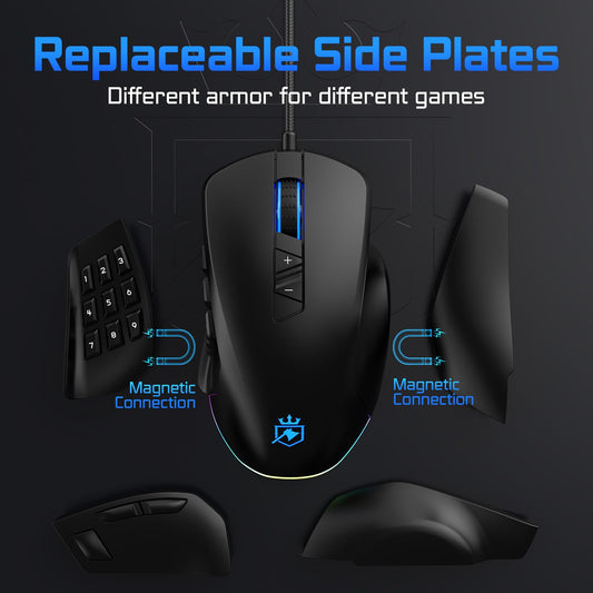 ROYALAXE Wired Gaming Mouse MS901, Ergonomic MMO Mouse, 14 Programmable Buttons, 12,400 DPI, RGB Lighting, Black