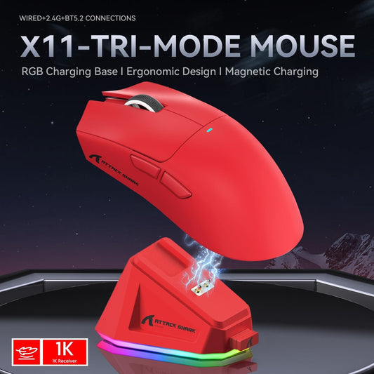 ATTACK SHARK X11 Ultra-Light Gaming Mouse - 22K DPI, 5 Programmable Buttons, Magnetic Charging Stand, Red