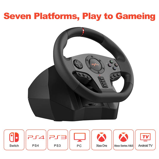 PXN V900 Gaming Steering Wheel - 270/900° Racing Wheel with Dual Vibration, Black, Compatible with PS4, PC, Xbox One, Switch