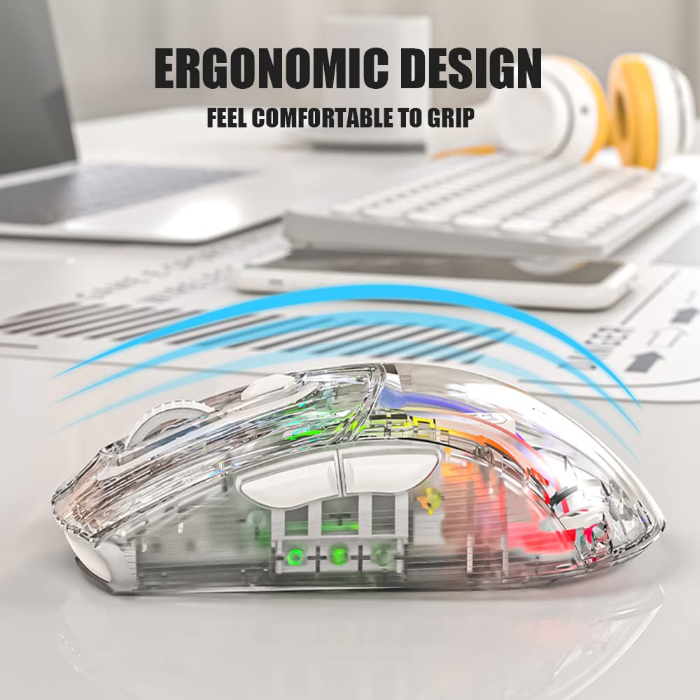 Attoe Bluetooth Wireless Mouse - Transparent RGB Dual Mode Gaming Mouse, White