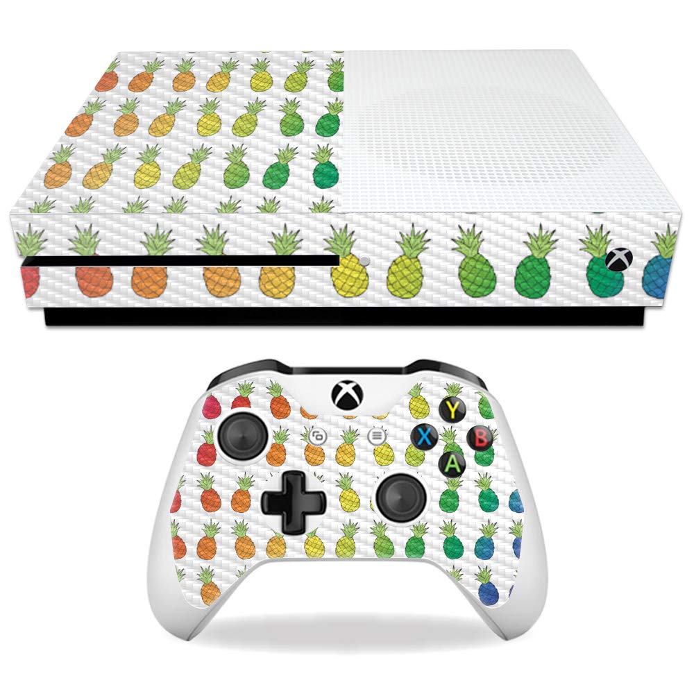 MightySkins Carbon Fiber Skin for Microsoft Xbox One S - Rainbow Pineapples | Protective Durable Textured Carbon Fiber Finish | Easy to Apply Remove and Change Styles | Made in The USA