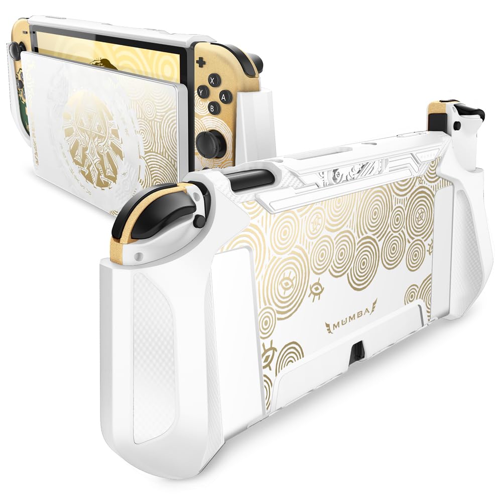 Mumba Dockable Protective Case for Nintendo Switch OLED 7 Inch 2021 Model with cutting tool Series TPU Grip and Anti-Scratch Material in White/Gold Color