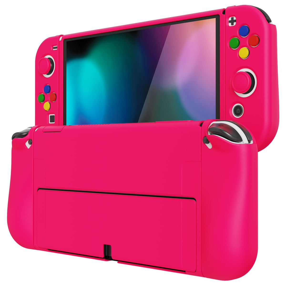 PlayVital ZealProtect Soft Protective Case for Nintendo Switch OLED Flexible Protector Joycon Grip Cover for Nintendo Switch OLED with Thumb Grips & ABXY Direction Button Cap - Bright Pink