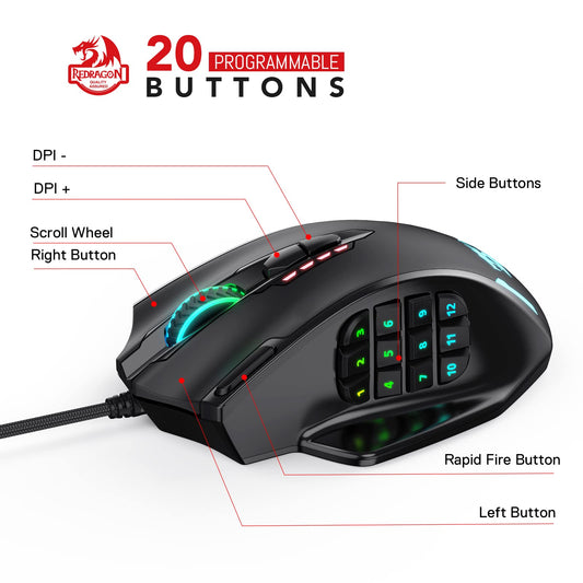 Redragon M908 RGB LED MMO Gaming Mouse - 12 Side Buttons, 12400 DPI, Wired, Ergonomic, Black