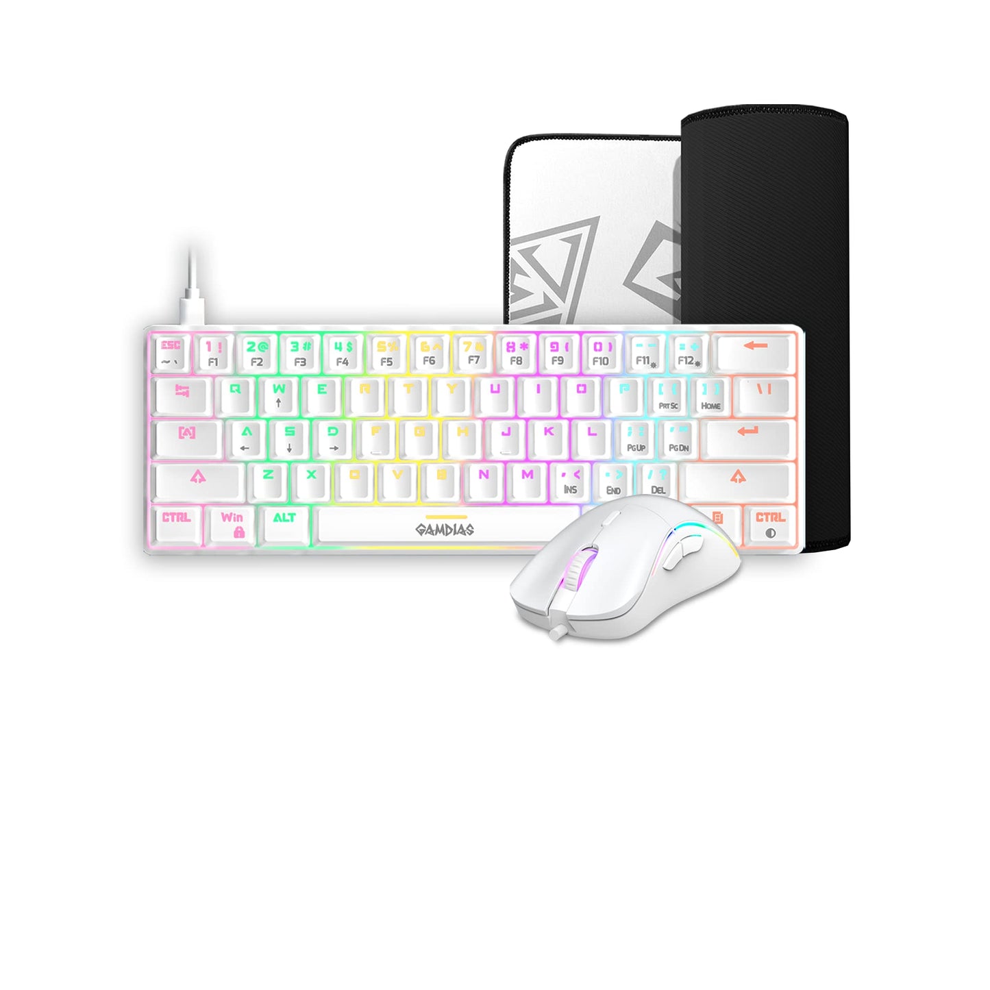 GAMDIAS Zeus Hermes E4 3-in-1 Combo 60% Multi-Colored Mechanical Keyboard RGB 12800 DPI Ergonomic Mouse Non-Slip Extended Gaming Mouse Mat White