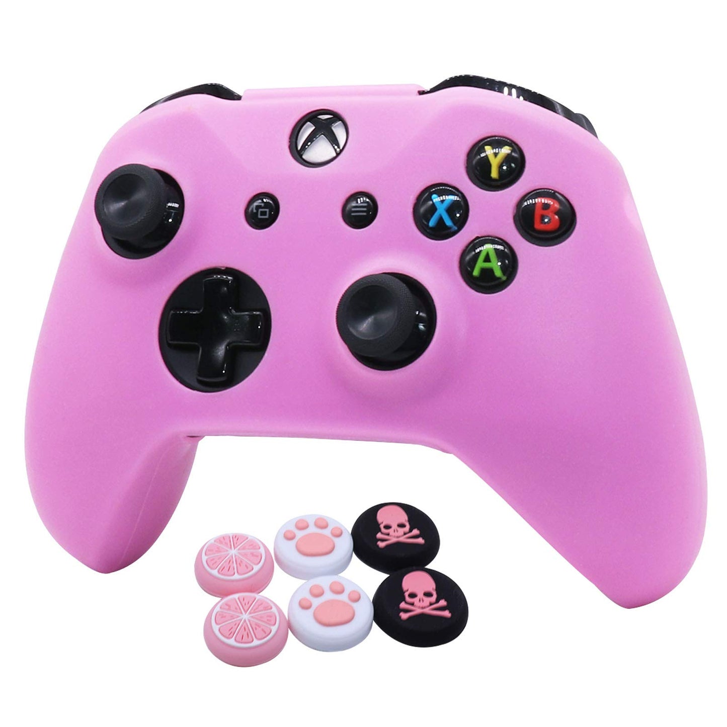 Pink Skins RALAN Silicone Controller Cover Skin Protector Compatible for Xbox One S/X Controller (Pink Pro Thumb Grip x 2 Cat + Skull Cap &Cover Grip x 2)