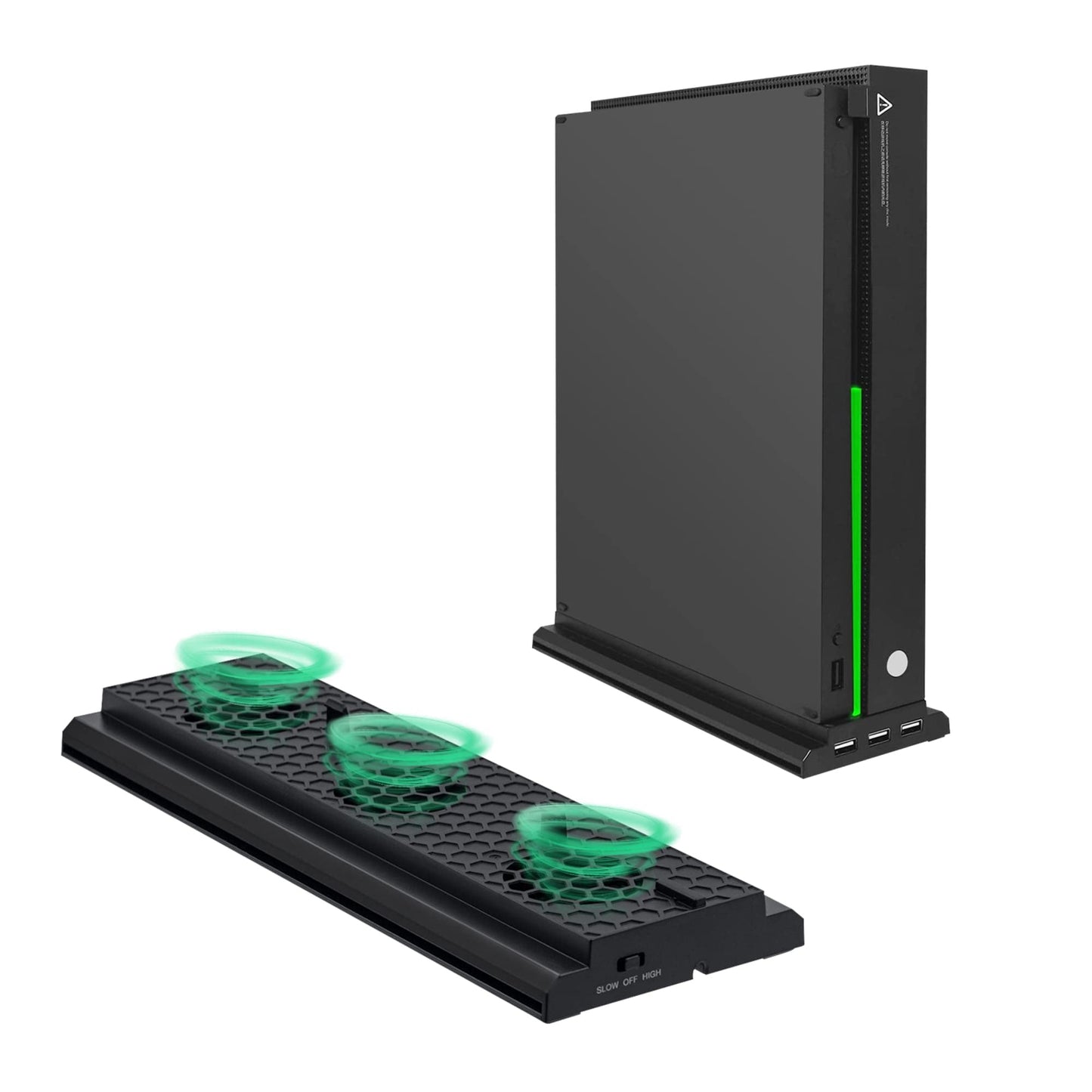 Mcbazel Vertical Cooling Stand for Xbox One X Cooling Fan Stand with 3 USB Ports and Light Bar Compatible with Xbox One X Console Only - Black