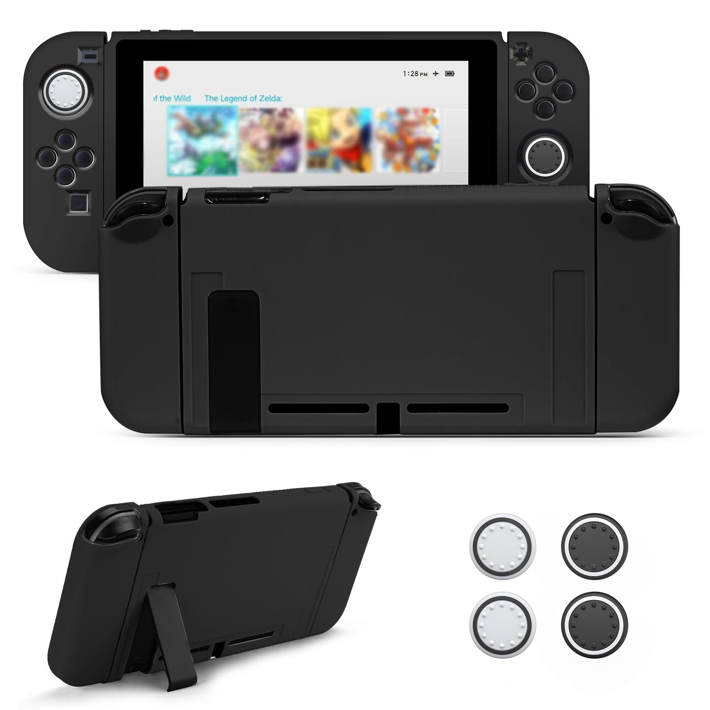 JINGDU Protective Case Compatible with Switch OLED Dockable TPU Cover Accessories for OLED Console and Grip Joy-Con The Switch Protector with 4 Thumb Grip Caps (Black)